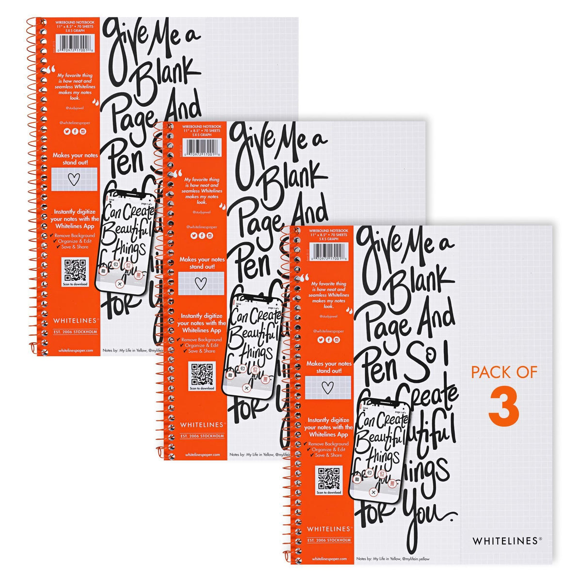 ROARING SPRING Whitelines Spiral Graph Ruled Notebook, Digitally Download Your Notes with FREE App, Premium Gray Paper, 11" x 8.5" 70 Sheets