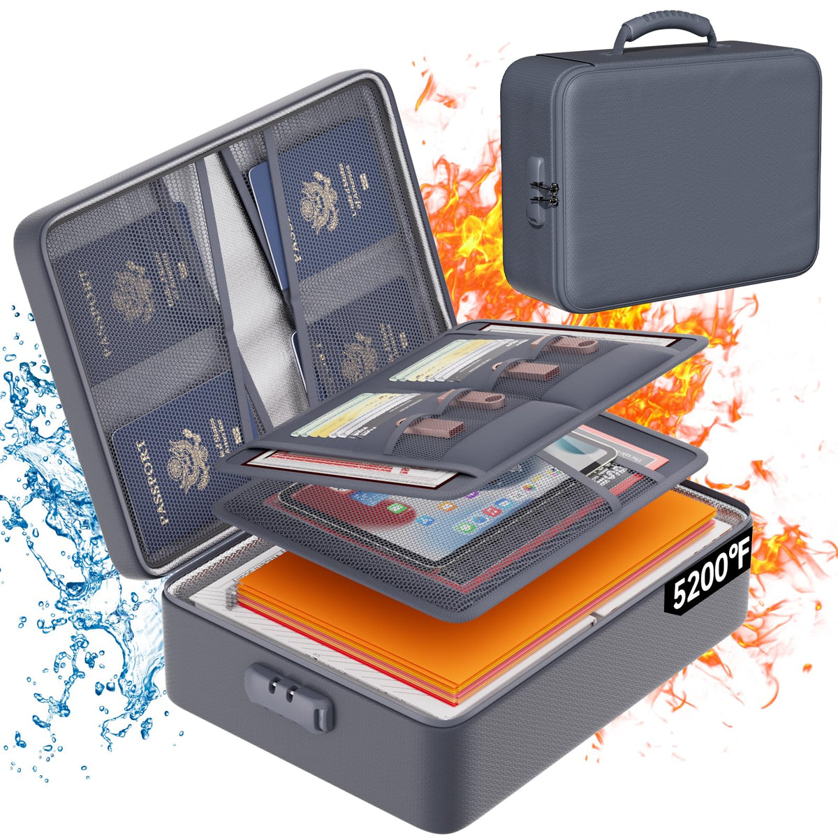 DocSafe 5200°F Fireproof Document Organizer Box with Lock, Heat Insulated