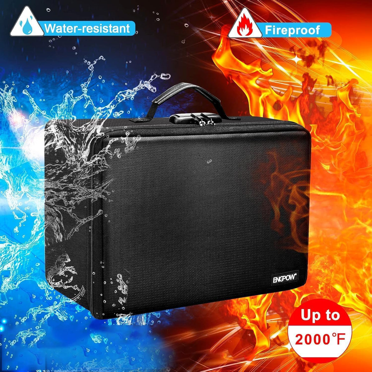 ENGPOW Fireproof Photo Storage Box with Lock,Photo Box Organizer with Divider＆Mesh Bag,Collapsible Portable Photo Storage Containers with Handle for Photos, Picture,Scrapbook,Art,Craft(Box Only)