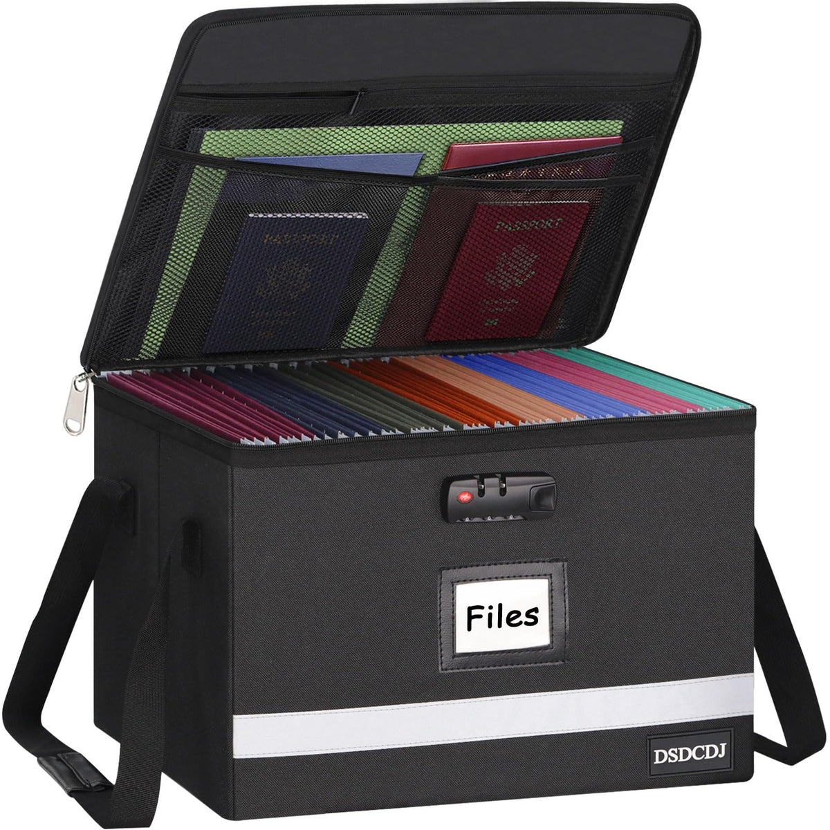 File Box with Lock - Portable File Organizer Box with Handle, Sturdy Important Document Organizer with Label, Slide, Reflective Strip for Hanging Letter/Legal Folder