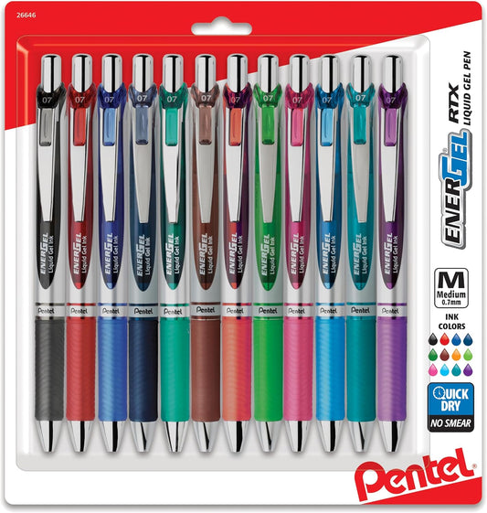 Pentel EnerGel RTX Retractable Liquid Gel Pens, (0.7mm), Assorted Colors, Ultimate Writing Pens, Best Writing Pens for Office, School and Journaling, Pack of 12