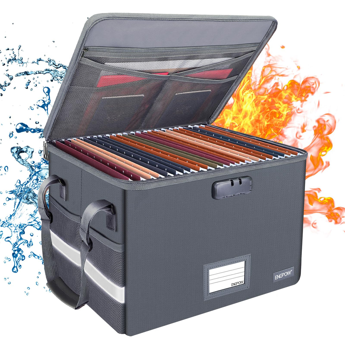 ENGPOW File Box with Lock, Fireproof Document Box with Zipper＆Pockets, Collapsible File Organizer Filing Storage Cabinet with Handle, Portable Home Office Safe for Hanging Letter/Legal Folder, Blue
