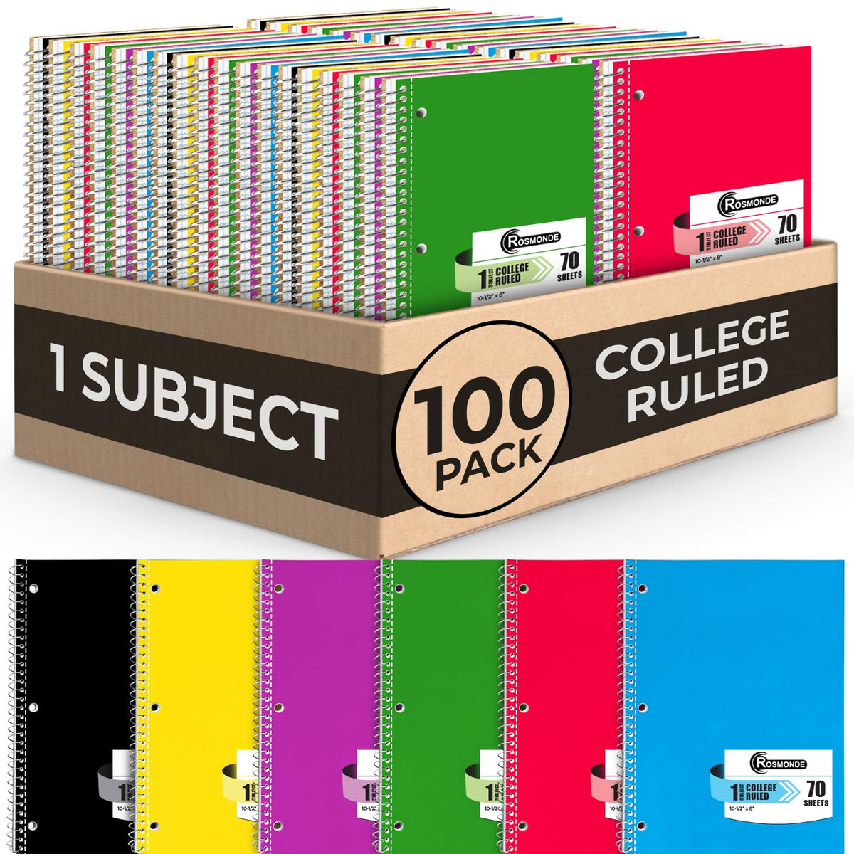 Rosmonde Spiral Notebook, 12 Pack, 1 Subject, College Ruled, 70 Sheets