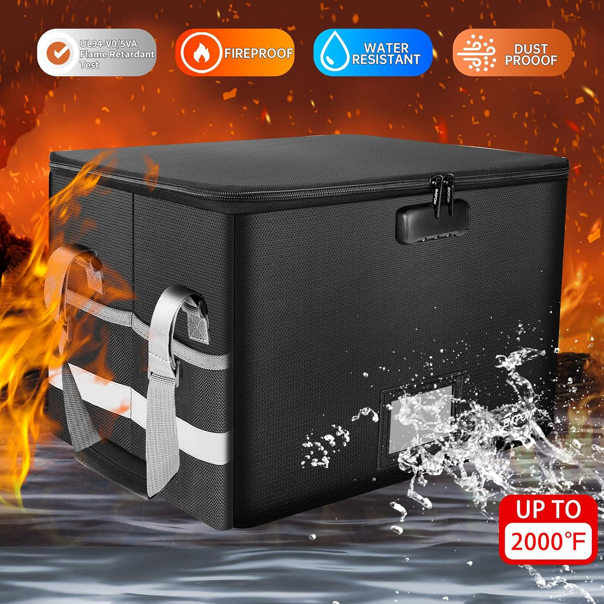 ENGPOW File Box with Lock,Fireproof Document Box with Zipper＆Pockets,Collapsible File Organizer Filing Storage Cabinet with Handle,Portable Home Office Safe for Hanging Letter/Legal Folder,Black
