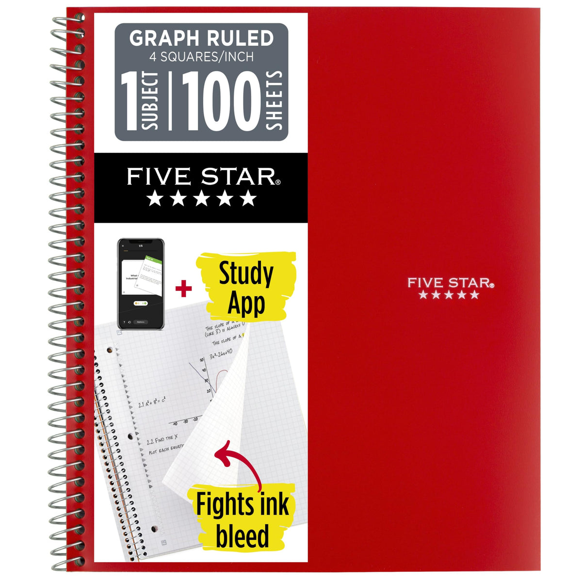 Five Star Spiral Notebook + Study App, 1 Subject, Graph Ruled Paper, 8-1/2" x 11", 100 Sheets, Fights Ink Bleed, Water Resistant Cover, Tidewater Blue (06190AA4)