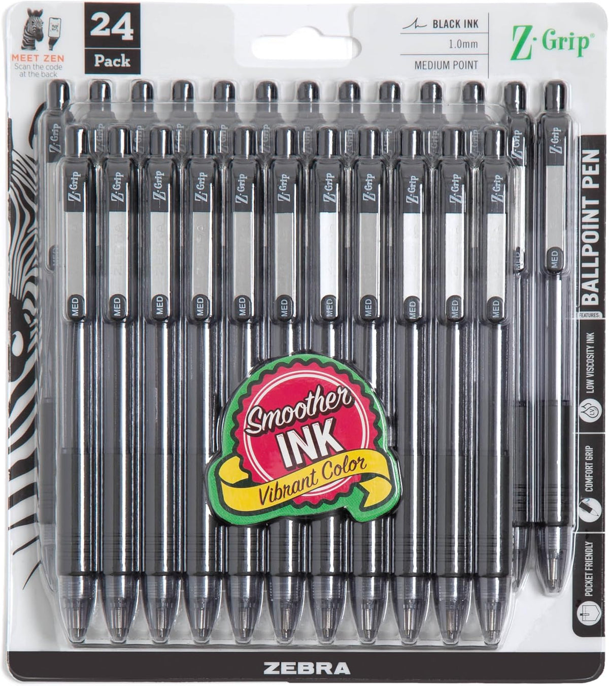 Zebra Pen Z-Grip Retractable Ballpoint Pen, Black Ink, 1.0mm, 24 Bulk-Pack