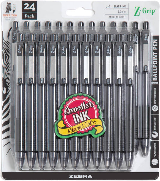 Zebra Pen Z-Grip Retractable Ballpoint Pen, Black Ink, 1.0mm, 24 Bulk-Pack