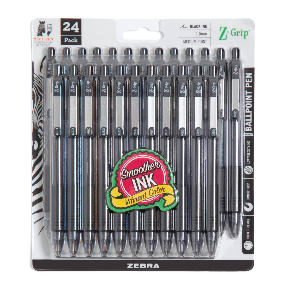 Zebra Pen Z-Grip Retractable Ballpoint Pen, Black Ink, 1.0mm, 24 Bulk-Pack