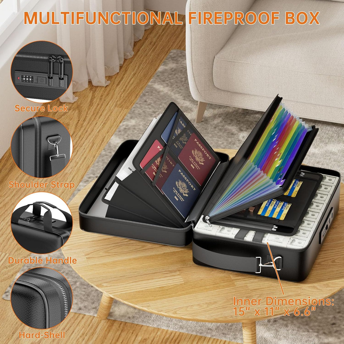 ENGPOW Fireproof Document Box with Lock & 13 Pockets Accordion File Folder