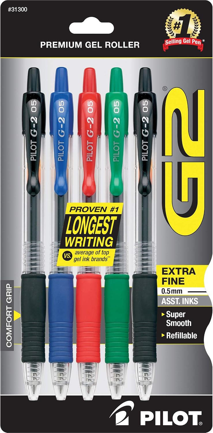 PILOT G2 Premium Gel Pens, Extra Fine Point 0.5mm, Assorted Inks, 5-Pack