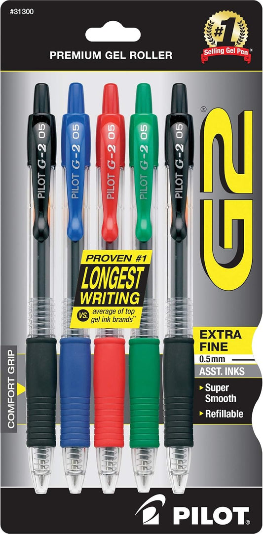 PILOT G2 Premium Gel Pens, Extra Fine Point 0.5mm, Assorted Inks, 5-Pack