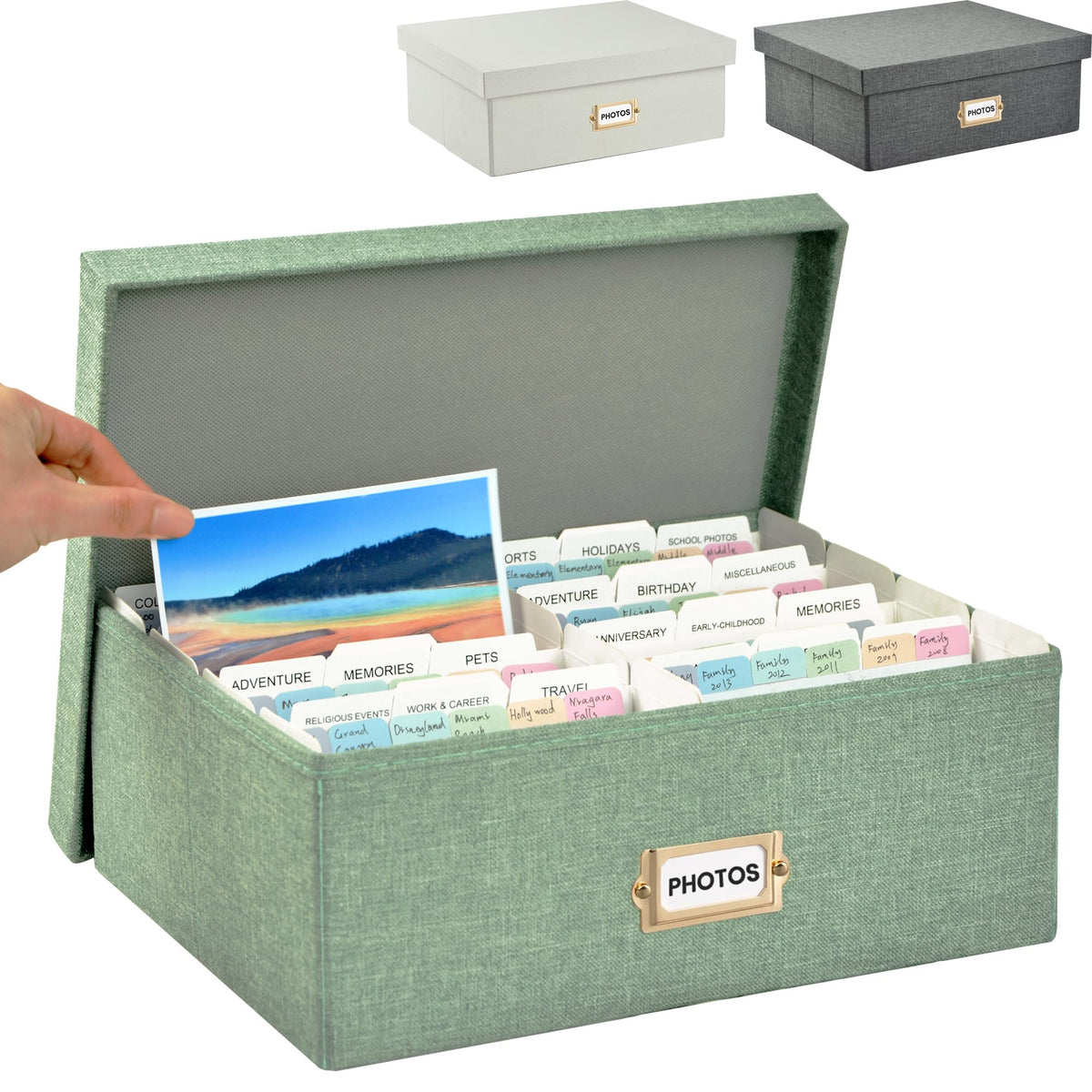 Linen Photo Storage & Keepsakes Box with Dividers for Cards & Photos
