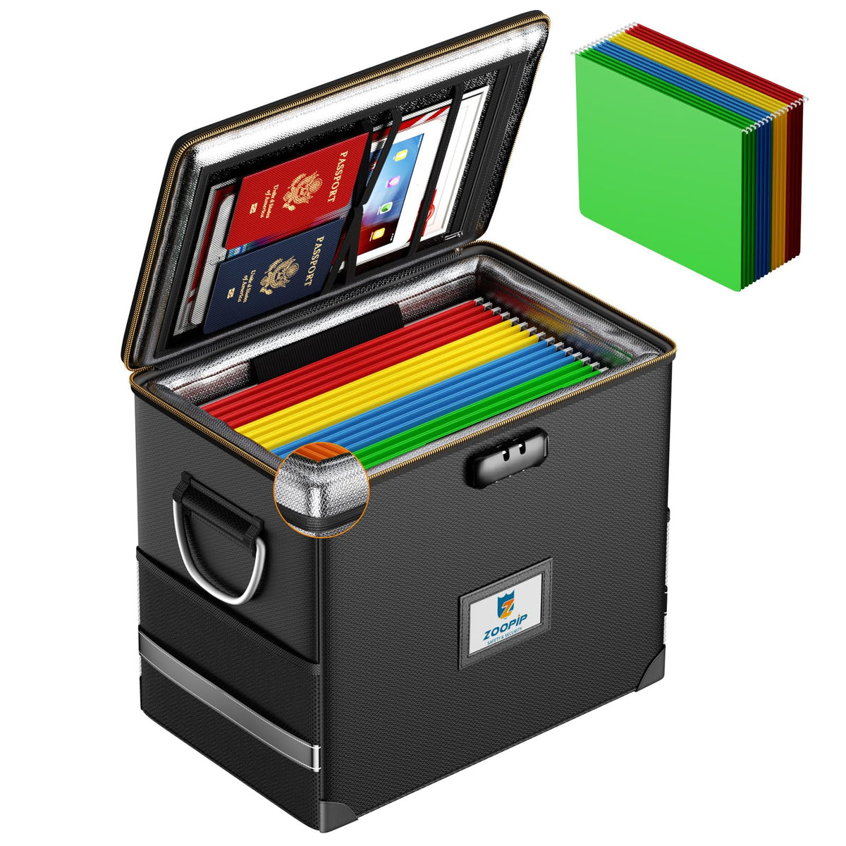 Fireproof File Box with Lock, Collapsible Document Organizer, Black