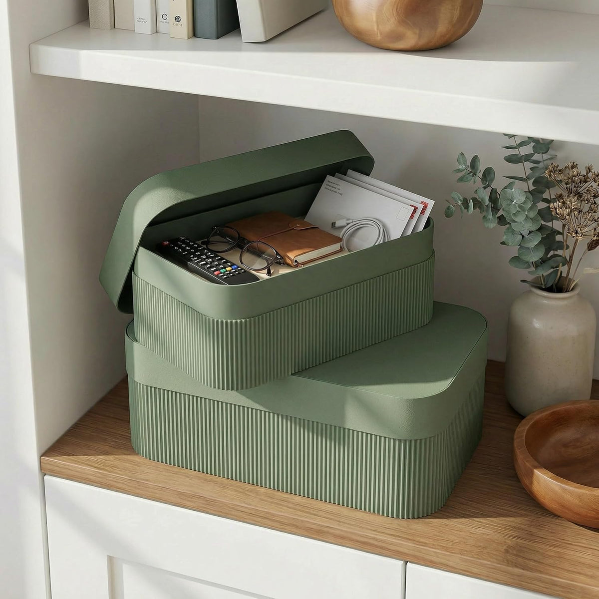 Decorative Storage Boxes with Lids - Set of 2 Fluted Photo Organizer Bins