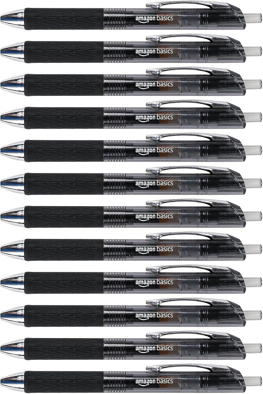 Amazon Basics Retractable Gel Pens, Fine Point 0.7mm, Smooth Writing, Black, No Smudge, School and Office Supplies, 12-Pack