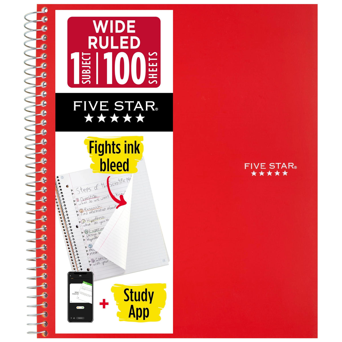 Five Star Spiral Notebook + Study App, 1 Subject, Wide Ruled Paper, 8" x 10-1/2", 100 Sheets, Fights Ink Bleed, Water Resistant Cover, Tidewater Blue (72875)