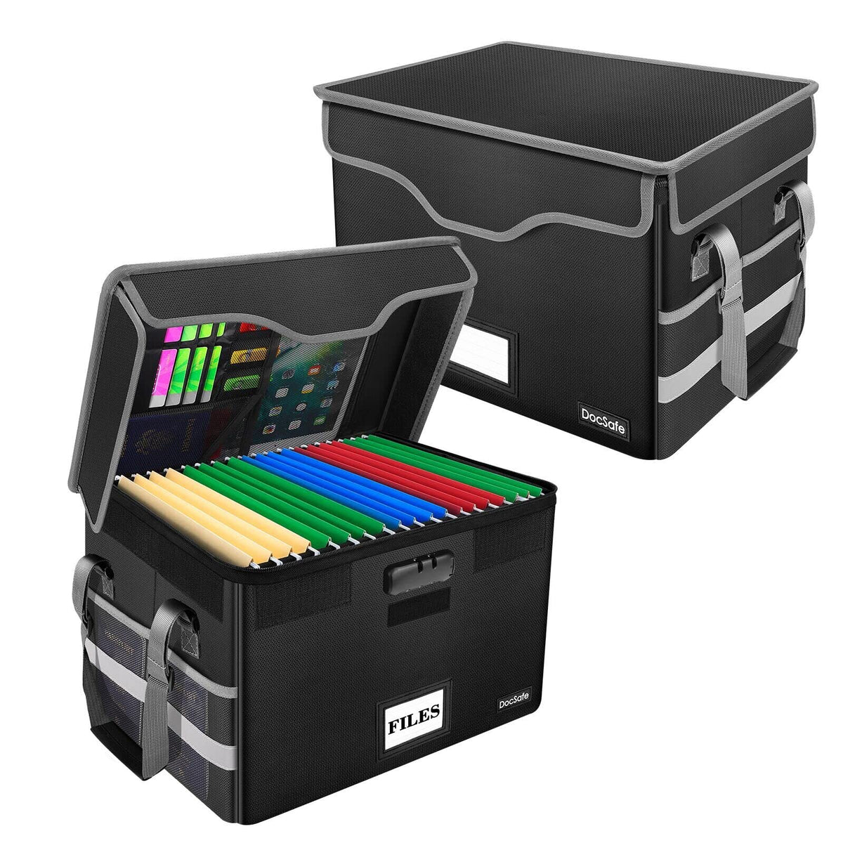 DocSafe Fireproof Document Box with Lock, File Storage Organizer with Mesh Pockets, Collapsible Portable File Box Home Office Safe Filing Cabinet with Handle for Hanging Letter/Legal Folder, Black