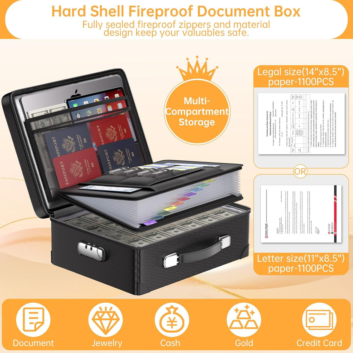 DocSafe 6400°F Fireproof Document Box with Lock, 10 Layers Heat Insulated