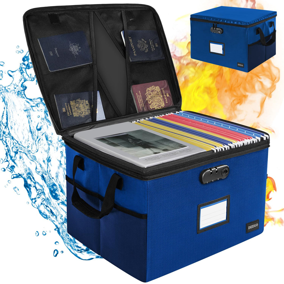 DEEGO Fireproof Document Box, Water-Resistant File Organizer Box with Lock