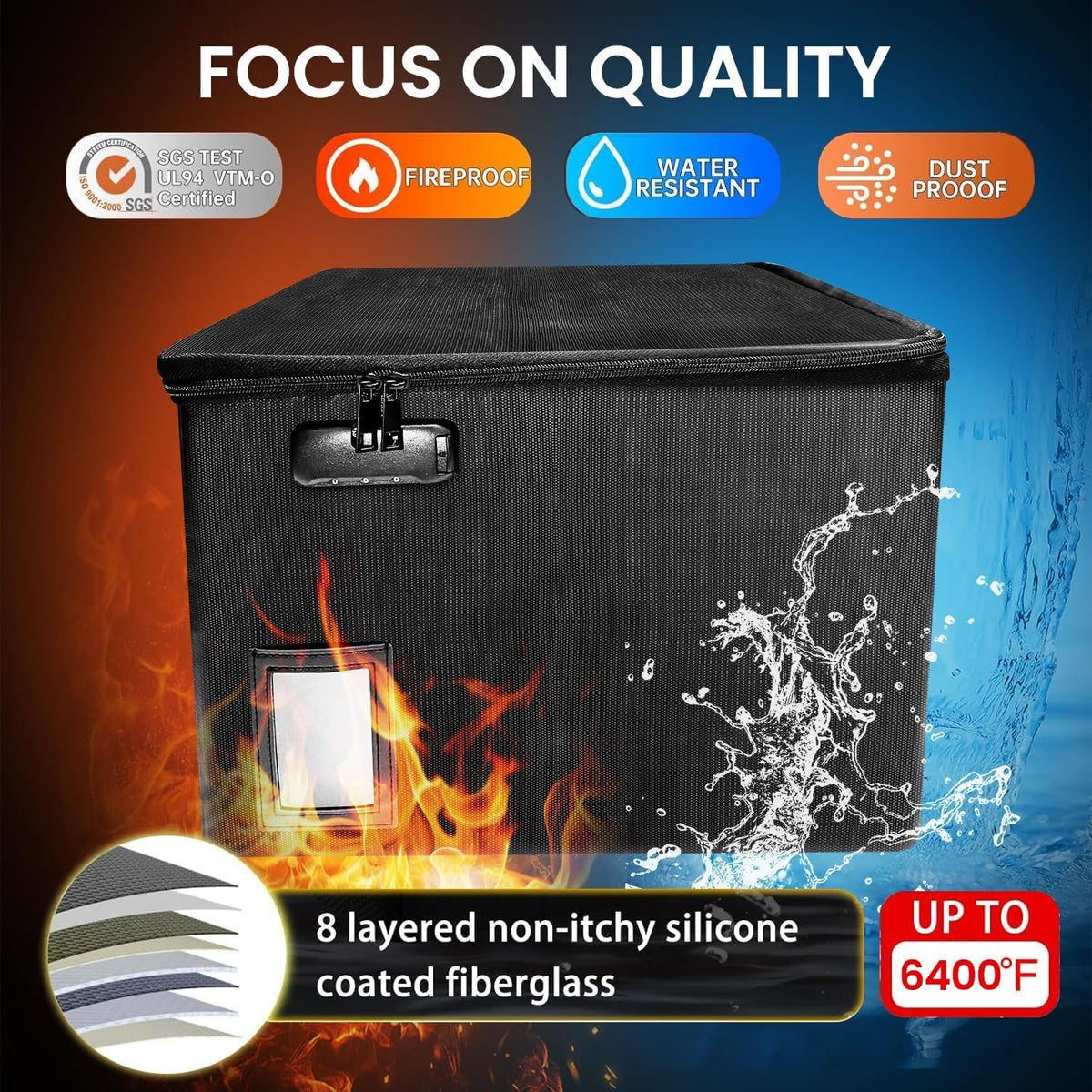 Large Fireproof Document File Organizer Box, 6400°F Fireproof Storage Filing Cabinet with Lock, Portable Office Safe Box for Hanging Letter/Legal Folder 16.1 x 12.9 x 11in (Black)