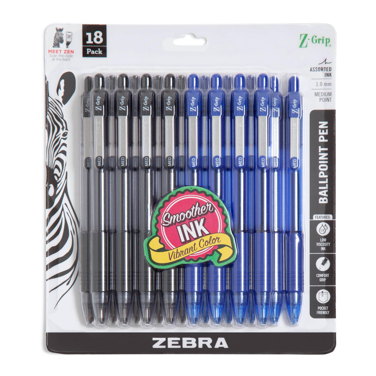 Zebra Pen Z-Grip Retractable Ballpoint Pen, Black Ink, 1.0mm, 24 Bulk-Pack