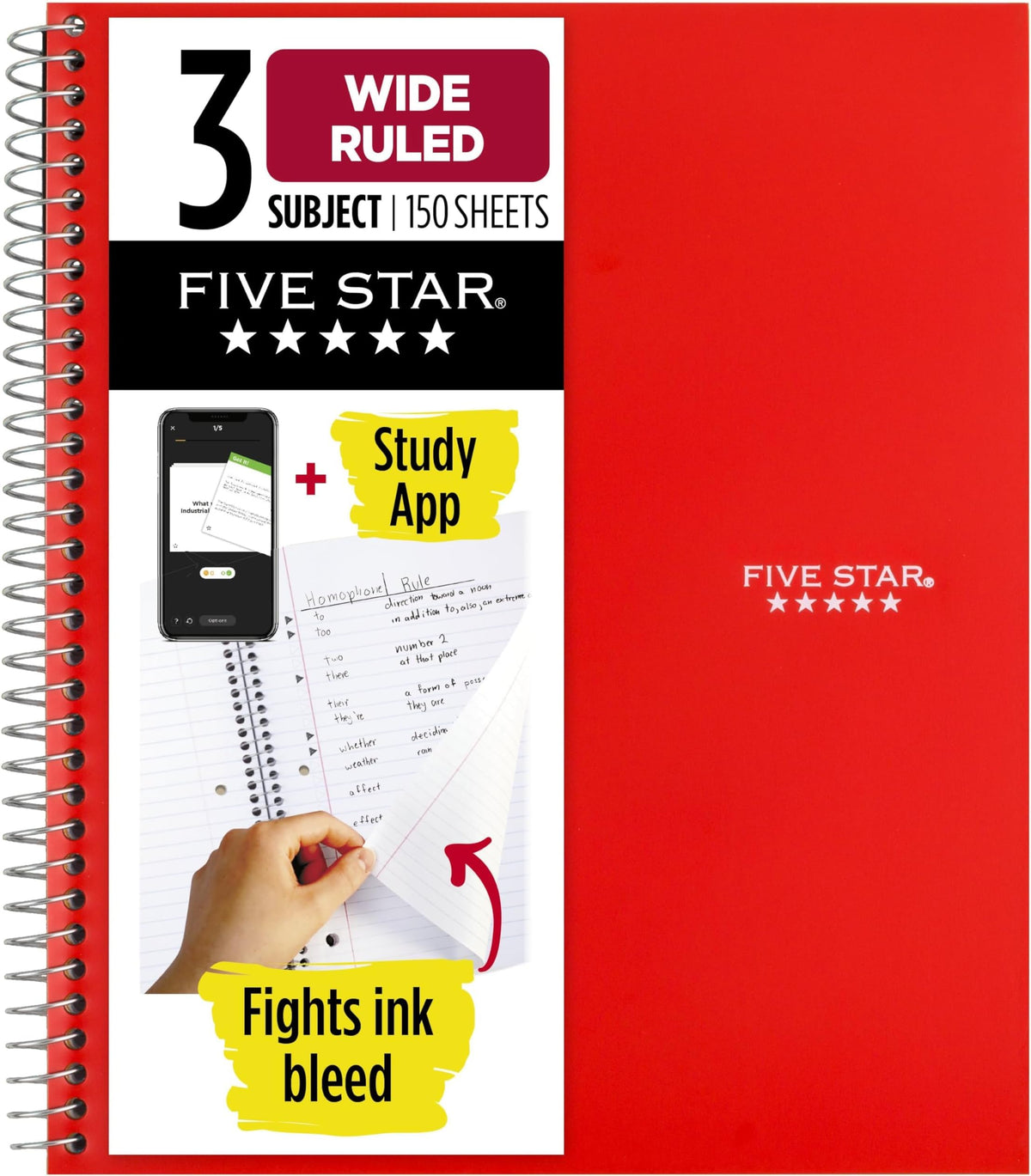 Five Star Spiral Notebook + Study App, 3 Subject, Wide Ruled Paper, 8" x 10-1/2", 150 Sheets, Fights Ink Bleed, Water Resistant Cover, Tidewater Blue (73184)