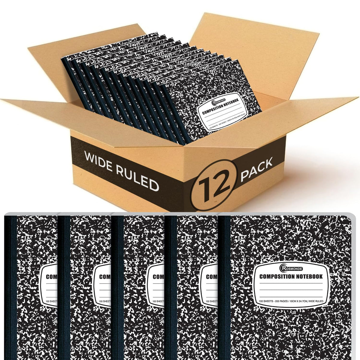 Rosmonde 5 Pack Wide Ruled Composition Notebook, Black Marble Notebooks