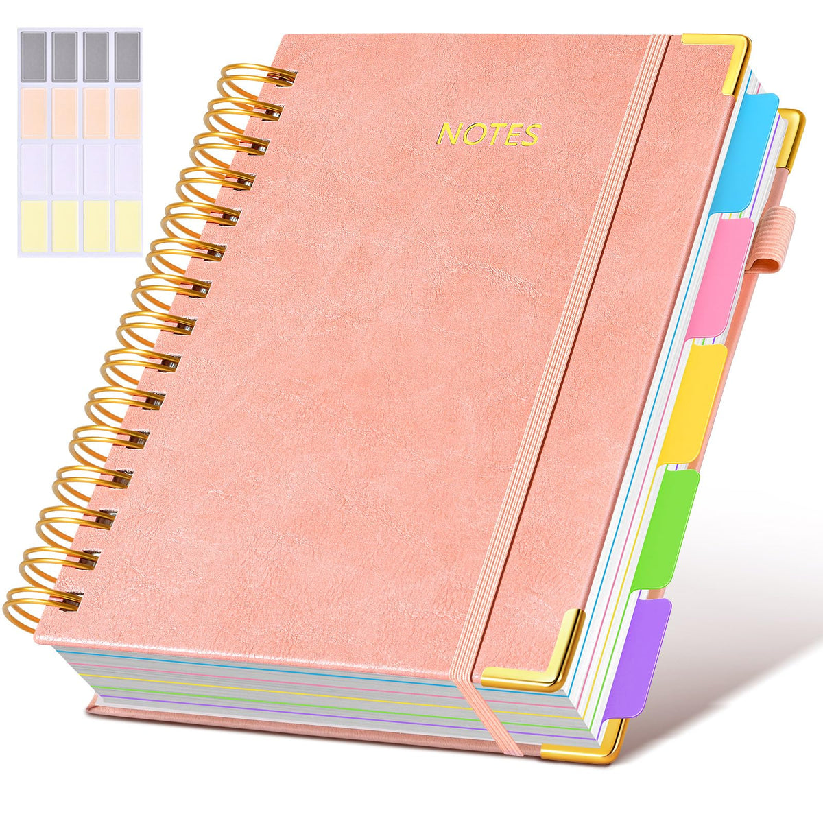 Hardcover Spiral Notebook journal with Removable Dividers Tabs, 300 Pages Leather 5 Subject Notebook College Ruled, 8"x10" Large B5 Notebooks for Work School Note taking, Lined Journal for Women,Pink