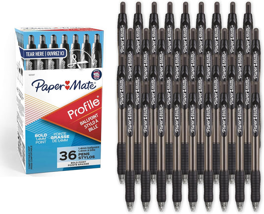 Paper Mate Profile Retractable Ballpoint Pens, Bold Point (1.4mm), Black, 36 Count - Office Supplies, Comfortable Grip, Everyday Writing