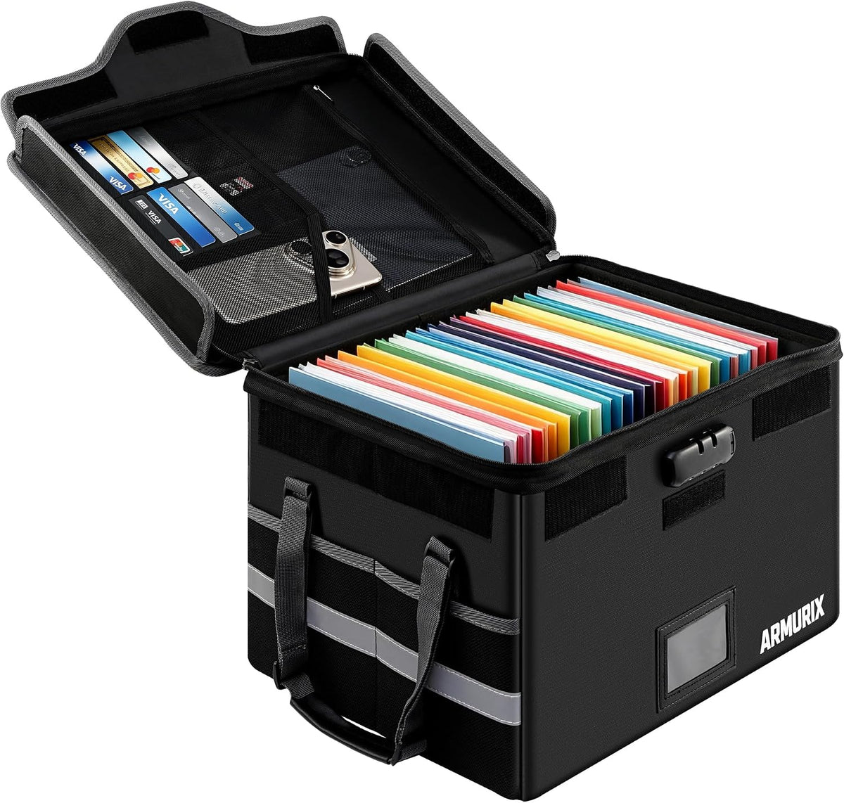 File Box with Lock, Fireproof Document Organizer Box with Lid & Handle, Portable Important File Folder Organizer, Collapsible Filing Storage Box for Home, Office & Travel