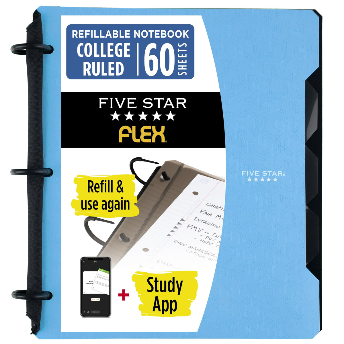 Five Star Flex Refillable Notebook + Study App, College Ruled Paper and 1 Inch TechLock Ring Binder with Pockets, Tabs and Dividers, 200 Sheet Capacity, Seaglass Green (293280AQ8)