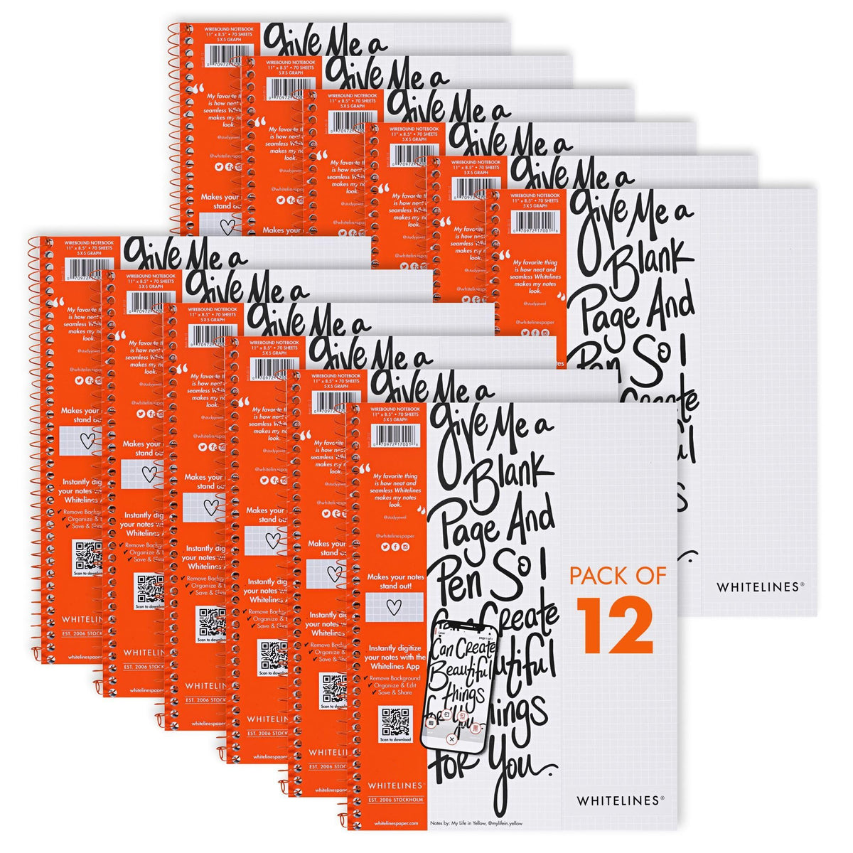 ROARING SPRING Whitelines Spiral Graph Ruled Notebook, Digitally Download Your Notes with FREE App, Premium Gray Paper, 11" x 8.5" 70 Sheets