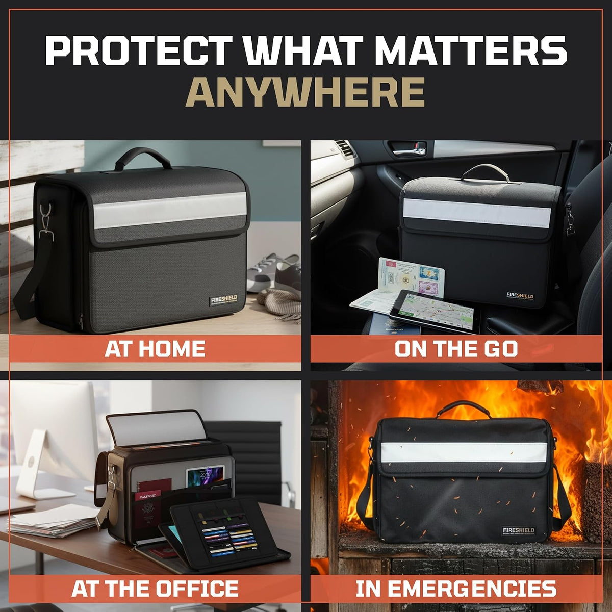 FIRESHIELD PRO 5200°F Fireproof Document Bag – Portable Water Resistant Briefcase /w Shoulder Strap, Tablet & Card Organizer – Multi-Pocket Storage for Travel, Home or Office – 17" x 12.5" x 7.2"