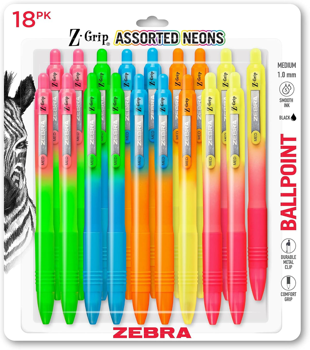 Zebra Pen Z-Grip Ombre Neon Retractable Ballpoint Pen, Black, 1.0mm, 18-Pk