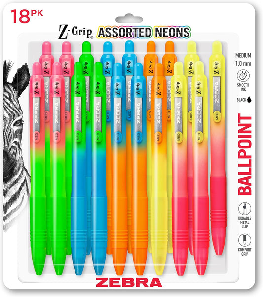 Zebra Pen Z-Grip Ombre Neon Retractable Ballpoint Pen, Black, 1.0mm, 18-Pk