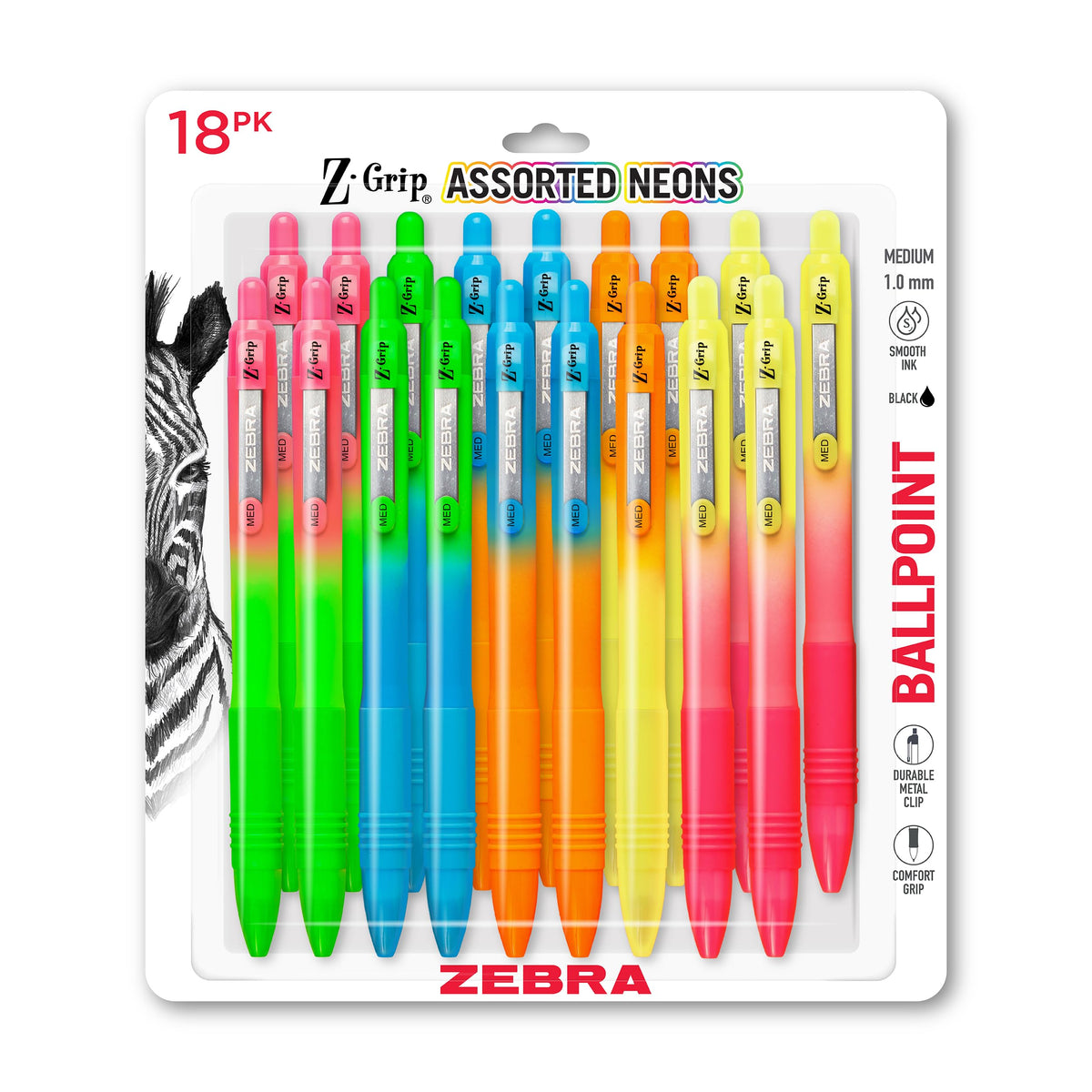Zebra Pen Z-Grip Ombre Neon Retractable Ballpoint Pen, Black, 1.0mm, 18-Pk