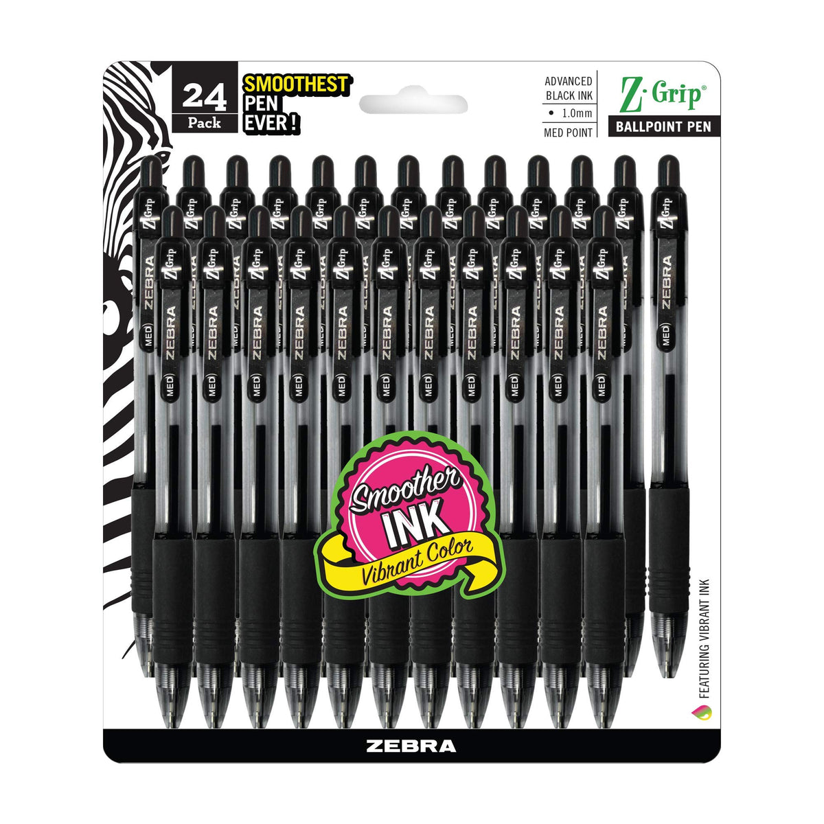 Zebra Pen Z-Grip Retractable Ballpoint Pen, Black Ink, 1.0mm, 24 Bulk-Pack