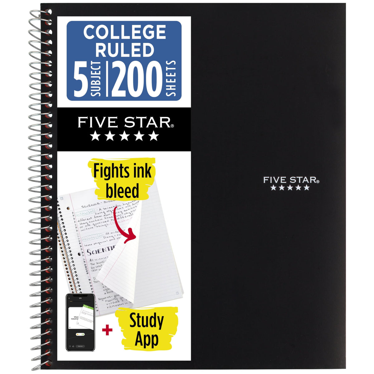 Five Star Spiral Notebook + Study App, 5 Subject, College Ruled Paper, 8-1/2" x 11", 200 Sheets, Fights Ink Bleed, Water Resistant Cover, Pacific Blue (73635)