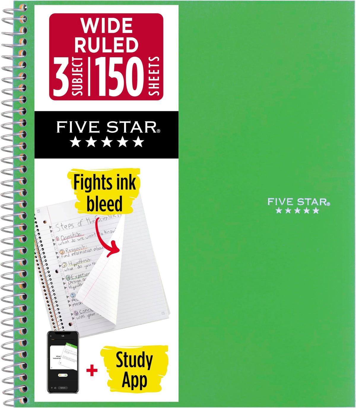 Five Star Spiral Notebook + Study App, 3 Subject, Wide Ruled Paper, 10-1/2" x 8", 150 Sheets, Red (72029)