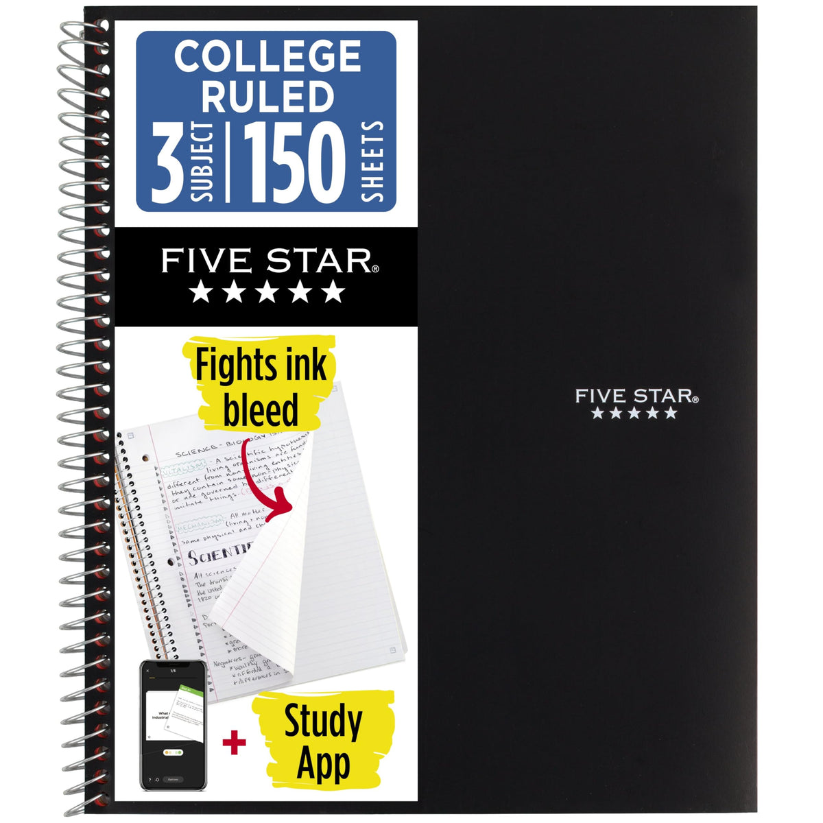 Five Star Spiral Notebook + Study App, 3 Subject, College Ruled Paper, 8.5" x 11", 150 Sheets, Blue (Color May Vary) (820003NH0)