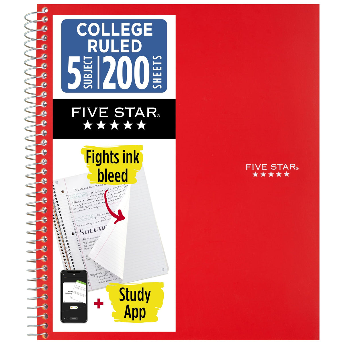 Five Star Spiral Notebook + Study App, 5 Subject, College Ruled Paper, 8-1/2" x 11", 200 Sheets, Fights Ink Bleed, Water Resistant Cover, Pacific Blue (73635)