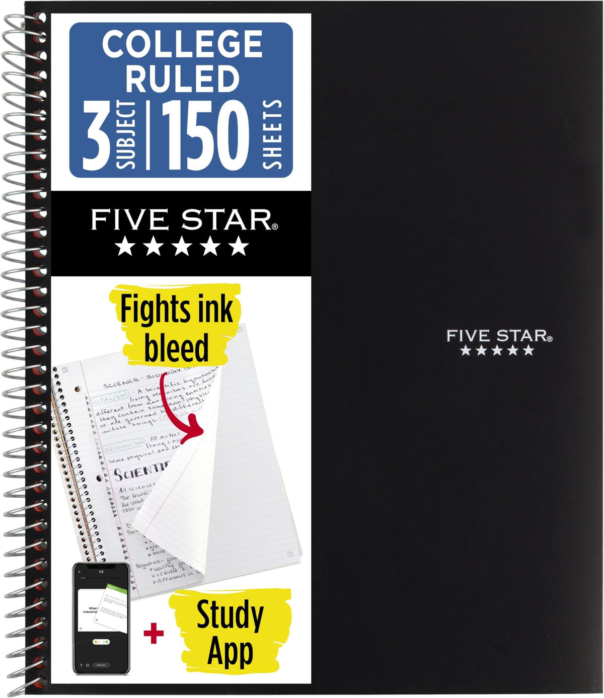 Five Star Spiral Notebook + Study App, 3 Subject, College Ruled Paper, 8-1/2" x 11", 150 Sheets, Fights Ink Bleed, Water Resistant Cover, White (72464)