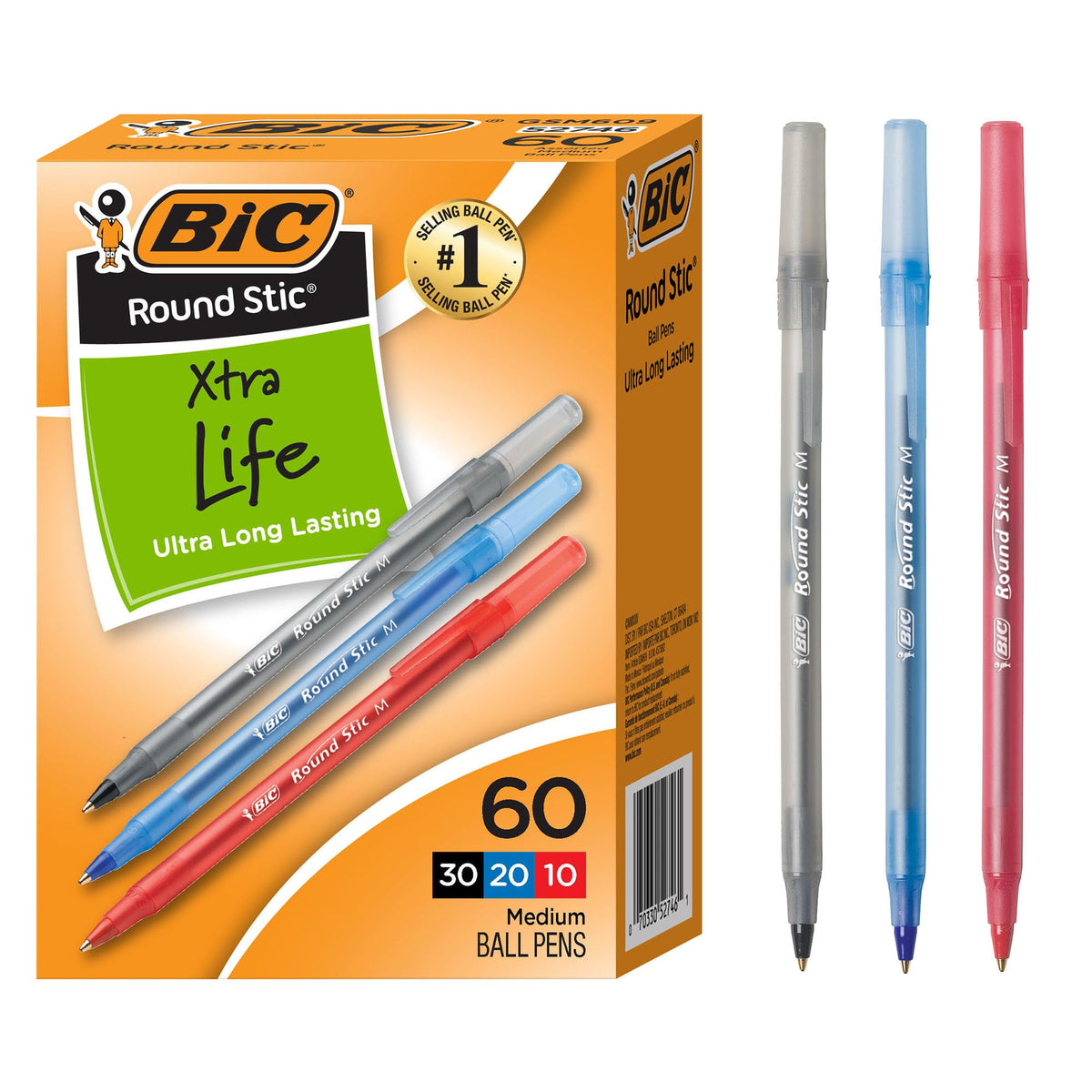BIC Round Stic Xtra Life Ballpoint Pen, Ultra Long Lasting and Consistent Ink Flow, 60-Count in Black Ink