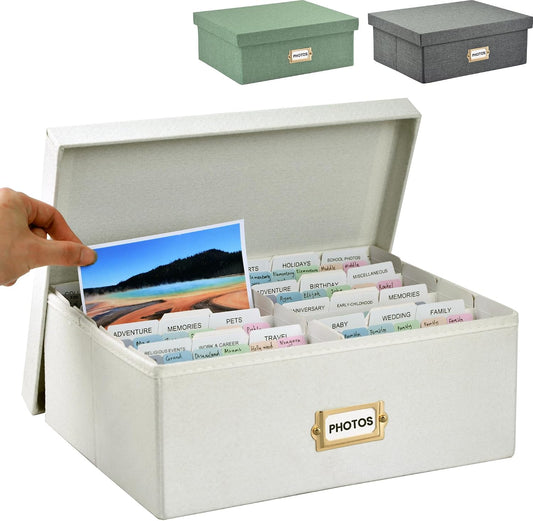 Linen Photo Storage & Keepsakes Box with Dividers for Cards & Photos