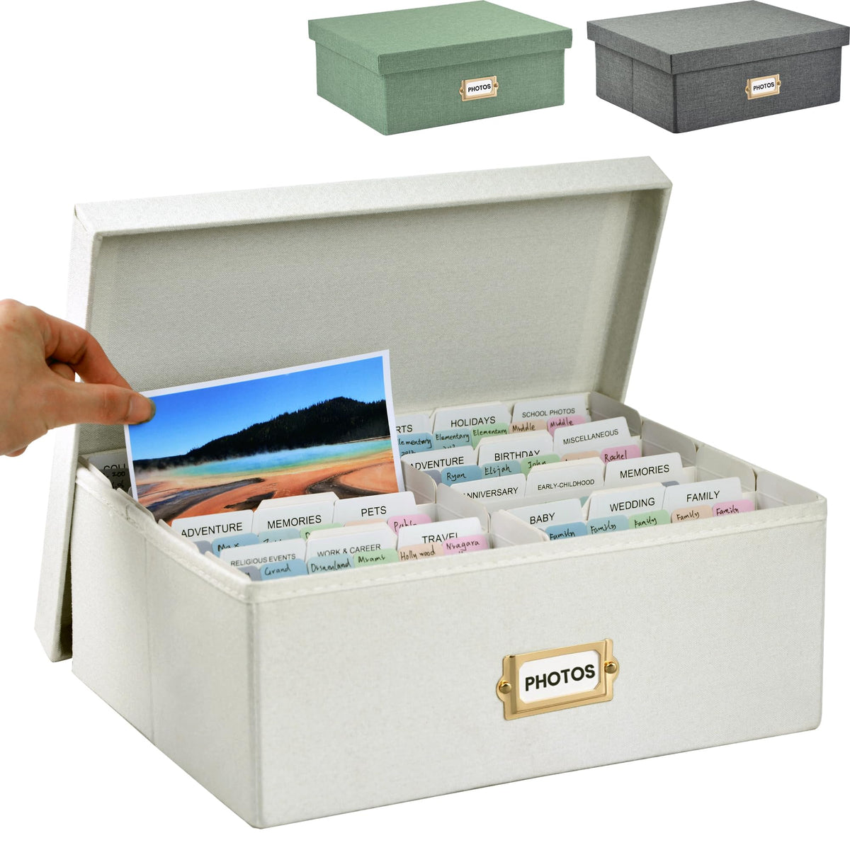 Linen Photo Storage & Keepsakes Box with Dividers for Cards & Photos