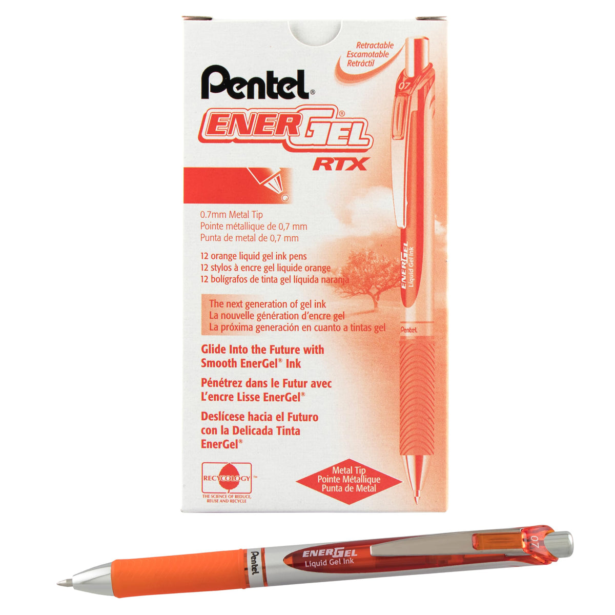 Pentel EnerGel RTX Retractable Liquid Gel Pen, (0.7mm) Medium Line, Metal Tip, Black Ink, Box of 12 (BL77-A)