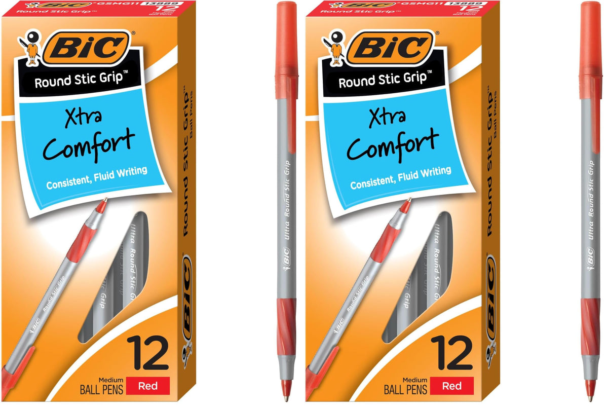 BIC Round Stic Grip Xtra Comfort Black Ballpoint Pens, 12-Count Pack