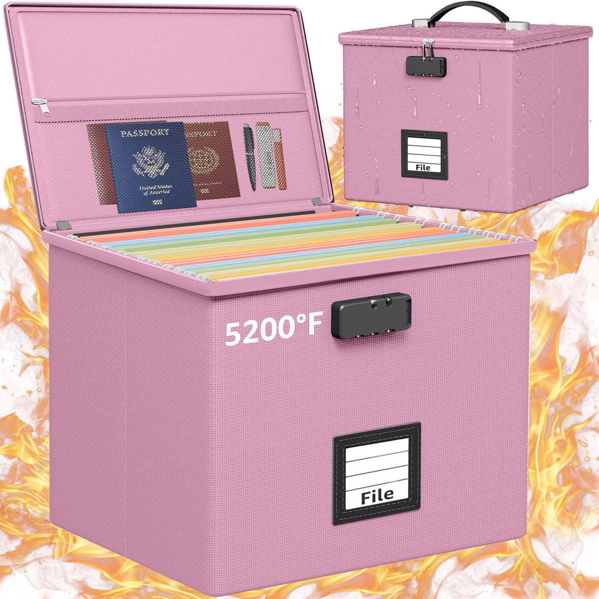 Fire Proof File Box for Documents - Portable Fireproof Document Organizer Box with Handle Waterproof Safe Locking Folder Storage with Lid