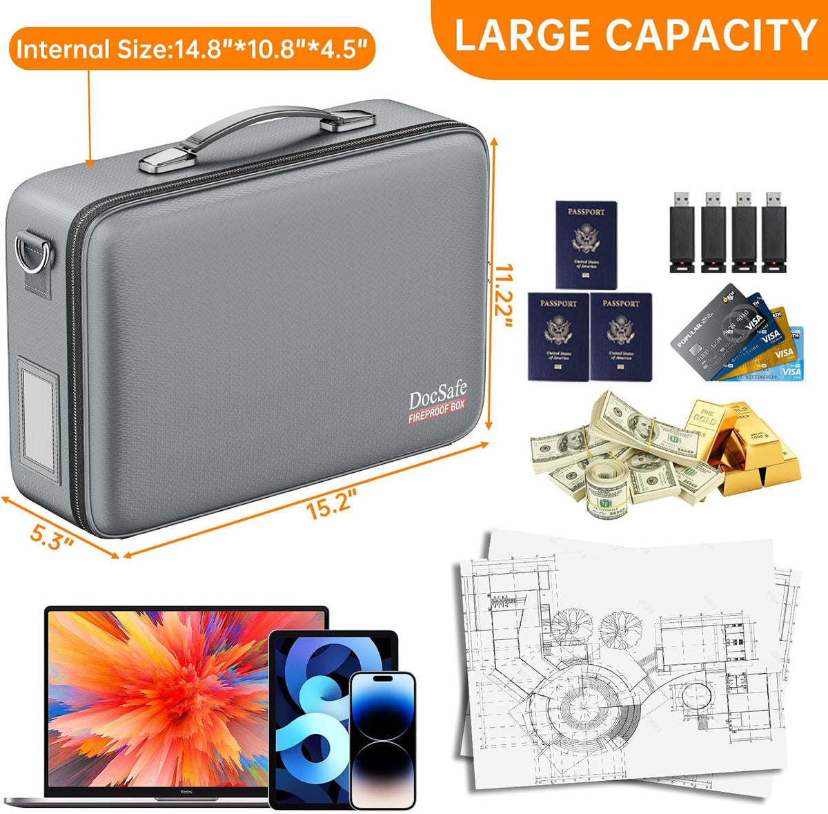 DocSafe Fireproof Document Box Hard Case with Lock ＆ Accordion File Folder