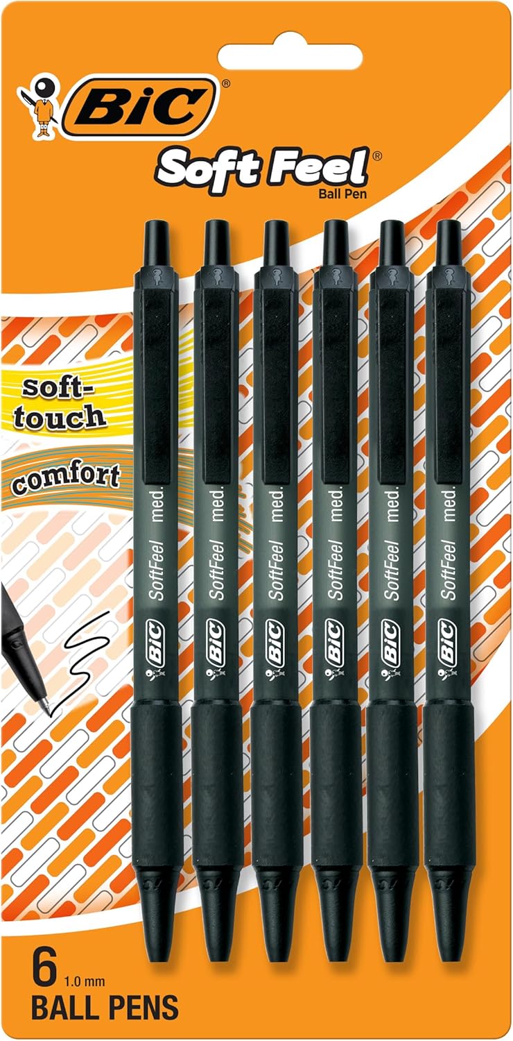 BIC Soft Feel Ballpoint Pen, Black Ink, 6-Count